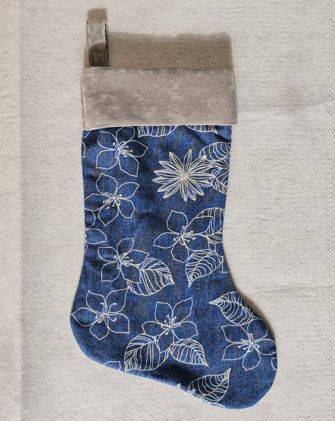 Blue denim with white flowers and gray top Christmas stocking