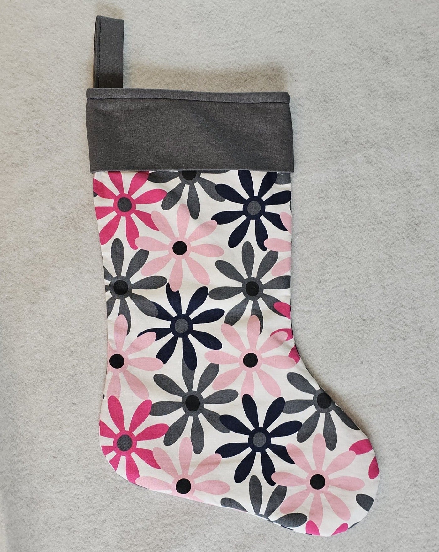 Pink and gray flower Christmas stocking